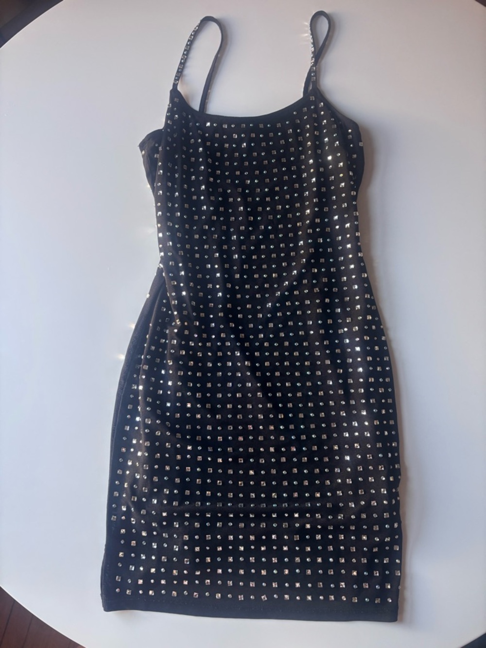 Black Sequin Studded Spaghetti-Strap Dress